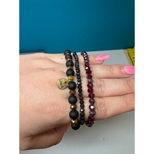 Erimish Beaded Bracelet Stack 3pc Matte Black Red Iridescent Gold Logo Charm